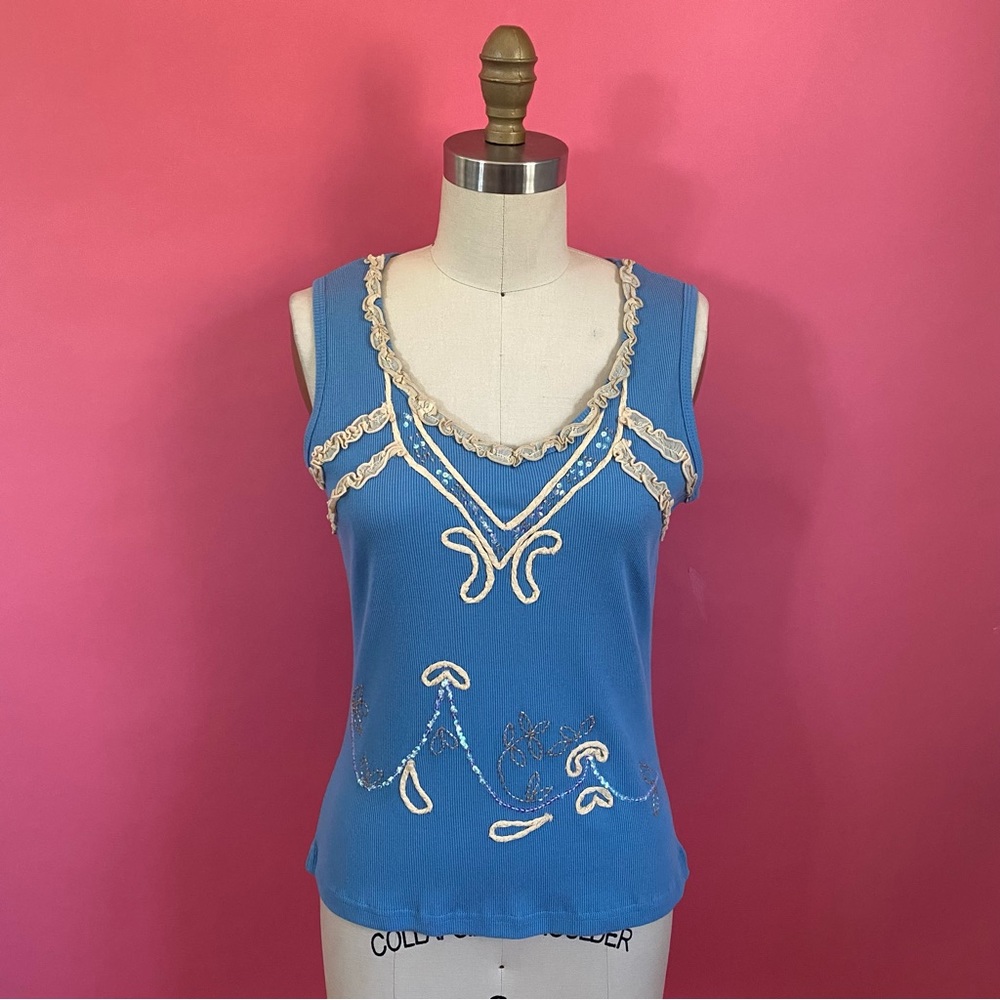 🌈4/$20🌈Vintage 90s/Y2K Baby Blue Fairy BalletCore Embellished Stretch Rib Tank